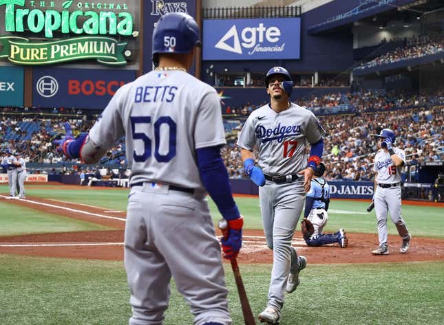 May 28, 2023; St. Petersburg, Florida, USA; Los Angeles Dodgers second baseman Miguel Vargas (17) scores a run during the second inning against the Tampa Bay Rays at Tropicana Field.