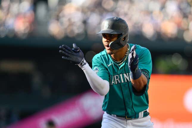 Jul 1, 2023; Seattle, Washington, USA; Seattle Mariners center fielder Julio Rodriguez (44) celebrates after hitting a single against the Tampa Bay Rays during the seventh inning at T-Mobile Park.
