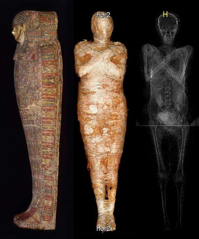 Three views, showing the coffin, the mummy, and an X-ray scan.