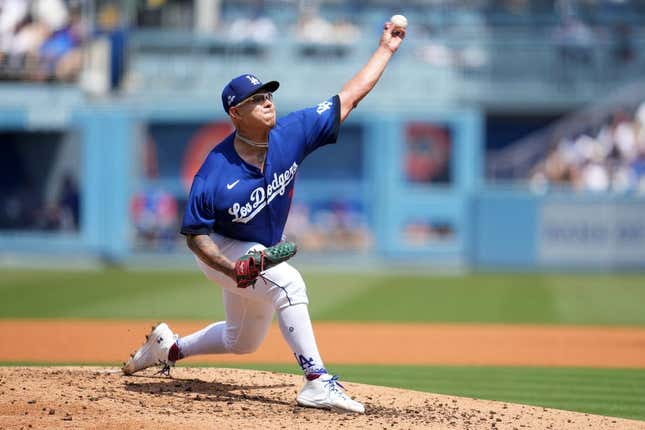 Apr 16, 2023; Los Angeles, California, USA; Los Angeles Dodgers starting pitcher Julio Urias (7) throws in the third inning against the Chicago Cubs at Dodger Stadium.