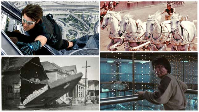 Im Uhrzeigersinn von oben links: Mission Impossible: Ghost Protocol (Paramount), Ben-Hur (MGM), Police Story (Golden Harvest), Steamboat Bill, Jr. (United Artists)