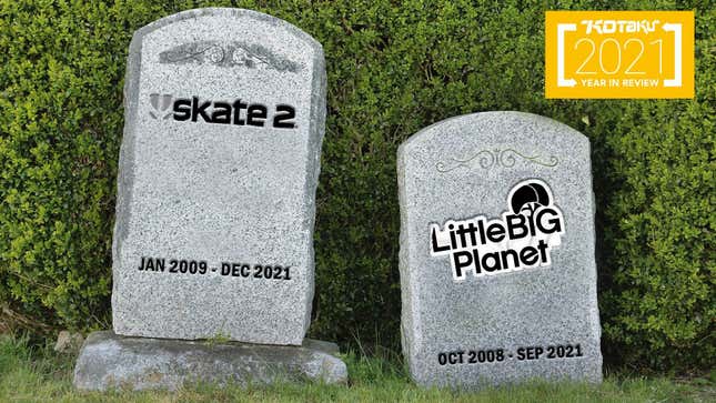 An image of two tombstones side-by-side. The left one has "Skate 2" inscribed on it, while the right reads "Little Big Planet." Both have their respective released and delisted dates, the video game industry's equivalent to birth and death dates.