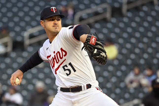 Apr 21, 2023; Minneapolis, Minnesota, USA; Minnesota Twins pitcher Tyler Mahle (51) delivers a pitch against the Washington Nationals at Target Field.