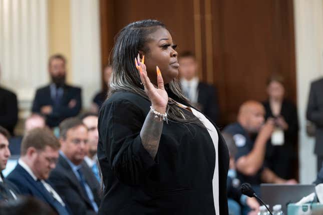 Former Georgia election worker Wandrea ArShaye ‘Shaye’ Moss is sworn-in before testifying before a House select committee investigating the Jan. 6 attack on the U.S. Capitol at 390 Cannon House Office Building on Capitol Hill, Tuesday, June 21, 2022, in Washington, DC.
