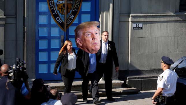 Photo Illustration of a fake Donald Trump being perp-walked out of an NYPD precinct.