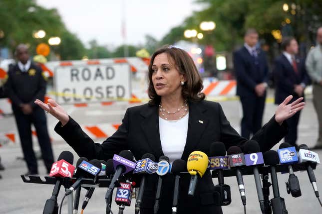 Vice president Kamala Harris speaks to those gathered near the site of Monday’s mass shooting during the Highland Park July 4th parade Tuesday, July 5, 2022, in Highland Park, Ill.