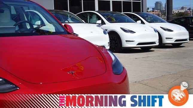 Image of Tesla Model 3 vehicles on a Tesla lot with the Jalopnik "Morning Shift" banner overlaid