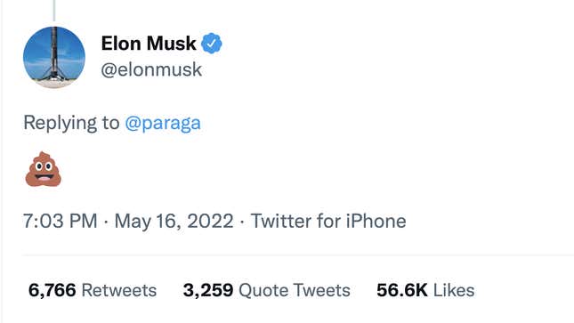 A screenshot of Elon Musk's reply to Twitter CEO Parag Agrawal. It is a poop emoji.