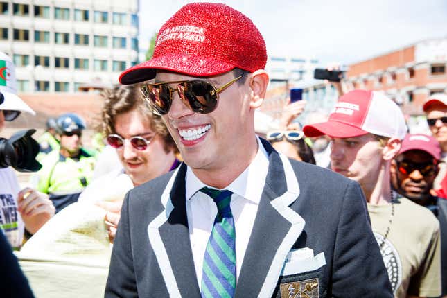 Milo Yiannopoulos wearing an unfortunate hat. 