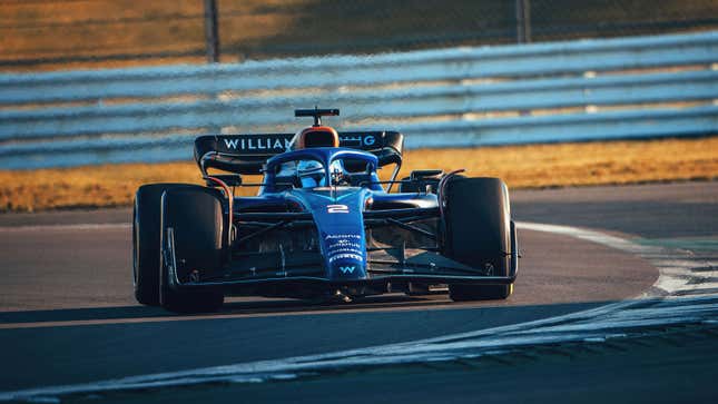 A photo of the 2023 Williams Formula 1 car on track. 