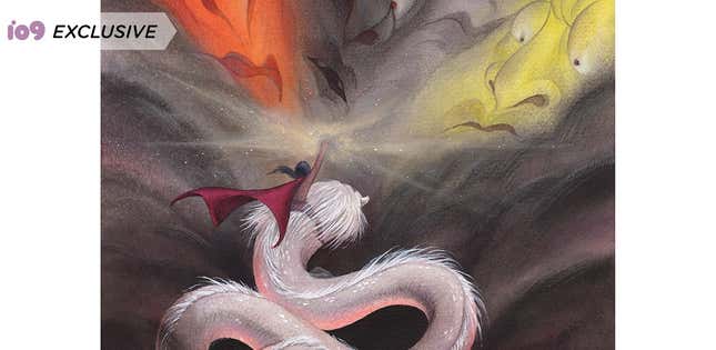 A caped figure rides a Luck Dragon, their fist raised triumphantly