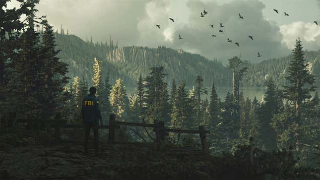 Alan Wake 2's protagonist, Saga Anderson, overlooks a forest and lake in the Pacific Northwest.