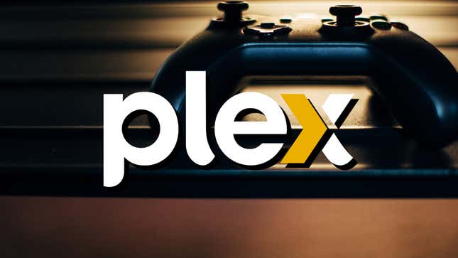 The current Plex logo is superimposed over a picture of an Xbox controller.