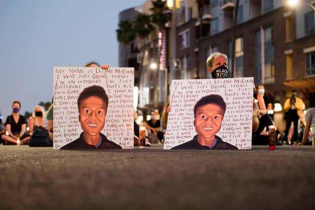 People gather at a candlelight vigil to demand justice for Elijah McClain on the one year anniversary of his death at The Laugh Factory on August 24, 2020 in West Hollywood, California.