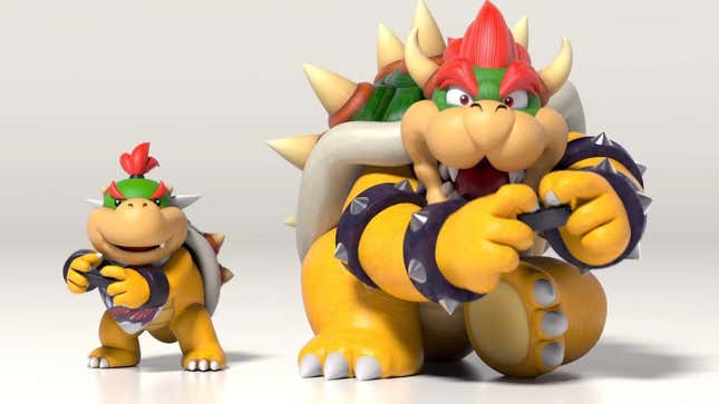 Bowser and Bowser Jr. play games together. 