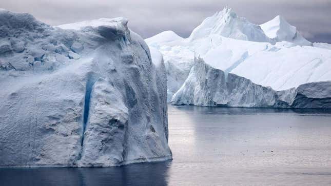 Icebergs which calved from the Sermeq Kujalleq glacier float in the Ilulissat Icefjord, September 2021 in Greenland. 