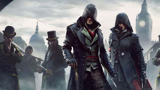 An image shows two assassins in black standing in front of London's skyline. 