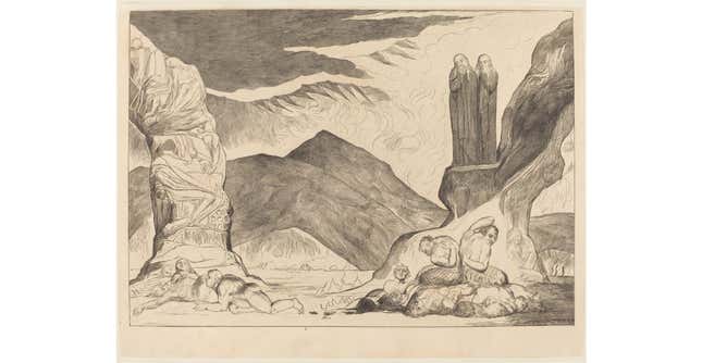 William Blake, “The Circle of the Falsifiers: Dante and Virgil Covering their Noses because of the st, 1827”