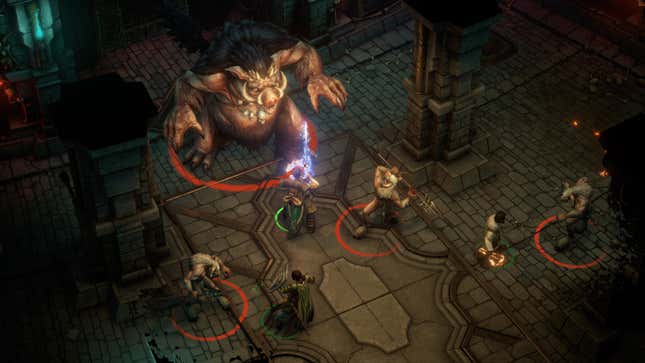 Warriors confront a giant pig troll in a dungeon.