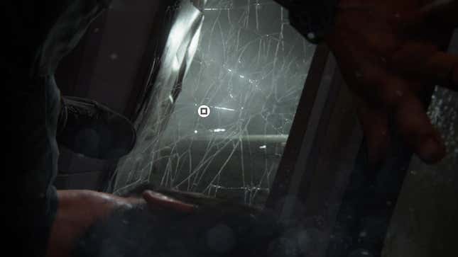 An onscreen button prompt shows glass that can be smashed for Joel to escape an overturned vehicle.