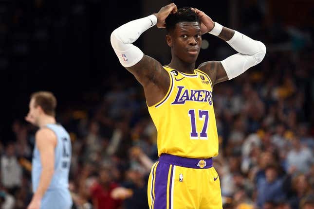 Apr 26, 2023; Memphis, Tennessee, USA; Los Angeles Lakers guard Dennis Schroder (17) reacts during the second half against the Memphis Grizzlies during game five of the 2023 NBA playoffs at FedExForum.