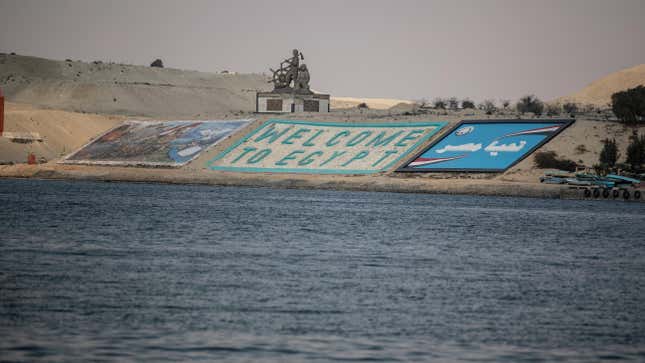  A “Welcome to Egypt” sign can be seen across the Suez Canal on March 30.