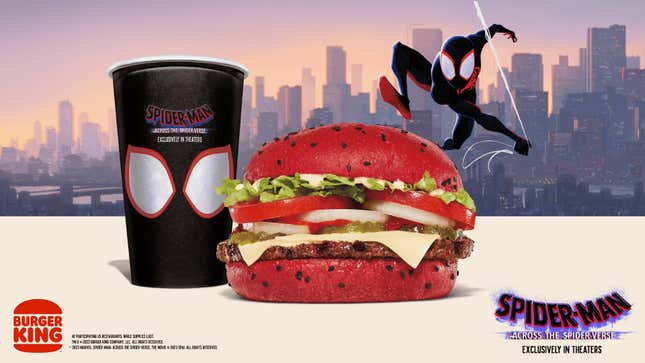 A red Whopper next to a Miles Morales soda cup.