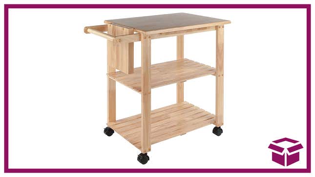 The cart includes convenient features such as a pull-out cutting board and a knife block. 