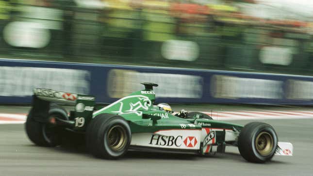 A photo of the green and white Jaguar F1 car. 