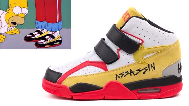 One of RETRO's Assassin's sneakers photographed against a white background, with an insert screenshot of The Simpsons episode where they debuted.