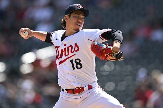 Apr 10, 2023; Minneapolis, Minnesota, USA; Minnesota Twins starting pitcher Kenta Maeda (18) throws a pitch against the Chicago White Sox during the first inning at Target Field.