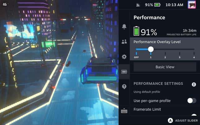 A screenshot of the Steam Deck shows a framerate counter for performance in Cloudpunk.