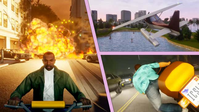 A trio of images from the upcoming Grand Theft Auto: The Trilogy show its protagonists causing mayhem on vehicles.