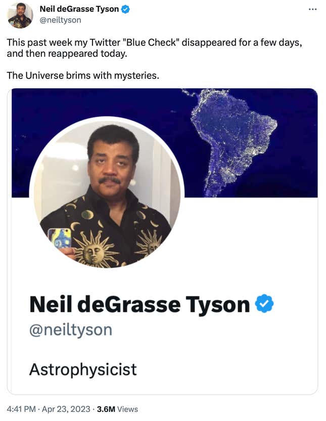 A screenshot of Neil deGrasse Tyson expressing wonder at his blue checkmark reappearing.