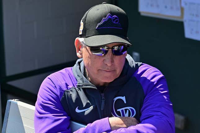 Mar 3, 2023; Scottsdale, Arizona, USA; Colorado Rockies manager Bud Black (10) looks on prior to the game against the San Francisco Giants during a Spring Training game at Scottsdale Stadium.