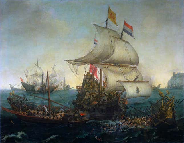 Dutch ships ramming Spanish galleys off the Flemish coast in October 1602.