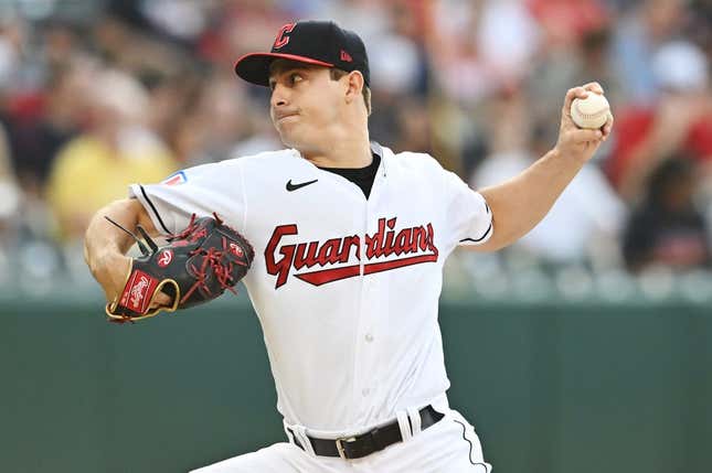Aug 4, 2023; Cleveland, Ohio, USA; Cleveland Guardians starting pitcher Logan Allen (41) throws a pitch during the first inning against the Chicago White Sox at Progressive Field.