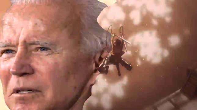 An Attack On Titan character flying toward Joe Biden's enormous head, swords at the ready.