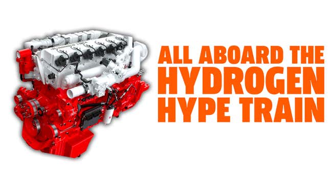 A photo of a Cummins hydrogen engine with the caption "all aboard the hydrogen hype train" 