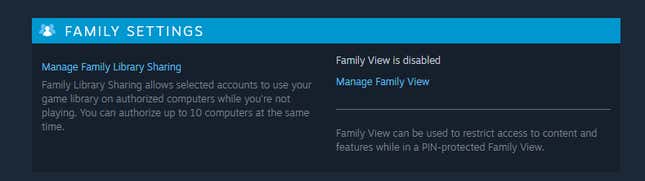 Steam’s Family View menu