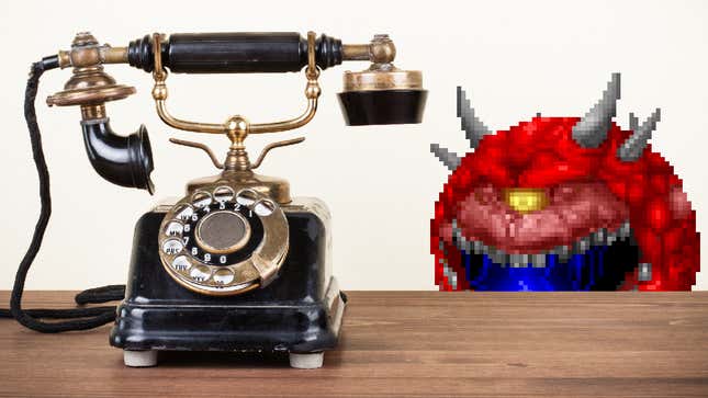 A pixelated demon eyes a rotary telephone.