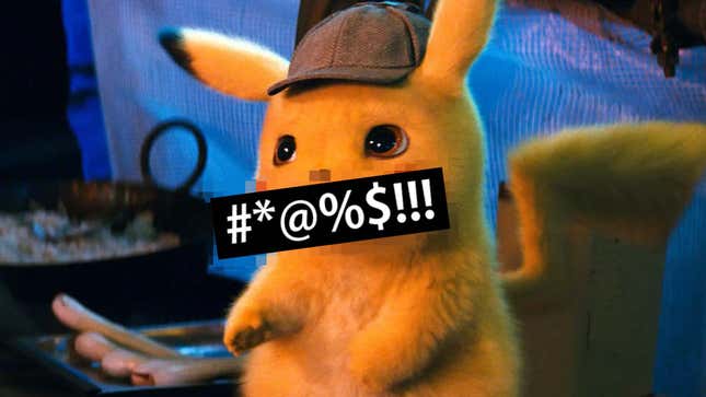 Detective Pikachu is shown with a censored black bar over his mouth as he speaks.