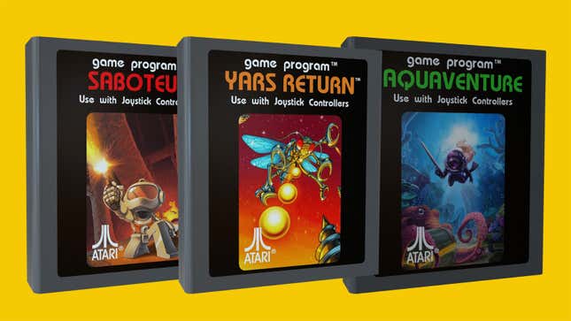 An image of Atari's three newly-released Atari 2600 cartridges, Saboteur, Yars' Return, and Aquaventure.