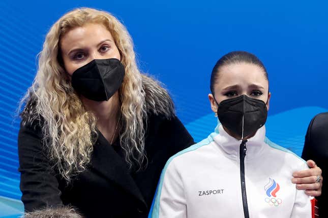 Kamila Valieva (r.), who was at the center of an Olympic PED controversy earlier this year.