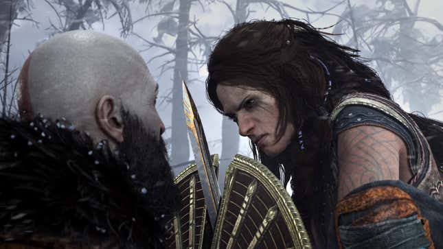 Kratos battles against Freya, the Witch of the Woods.