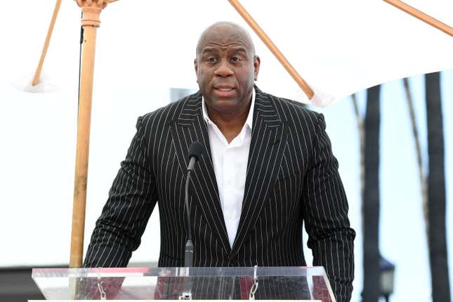 Magic Johnson speaks during a ceremony honoring Judge Greg Mathis​ with a star on the Hollywood Walk of Fame on May 04, 2022 in Hollywood, California. Johnson’s bid for the Denver Broncos with Philadelphia 76ers owner Josh Harris is up in the air after reports of a sale to another bidder.