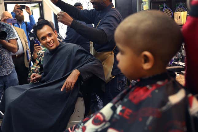 Republican presidential candidate Vivek Ramaswamy visits the 3rd Phase Barbershop in the South Shore neighborhood on May 19, 2023 in Chicago, Illinois.