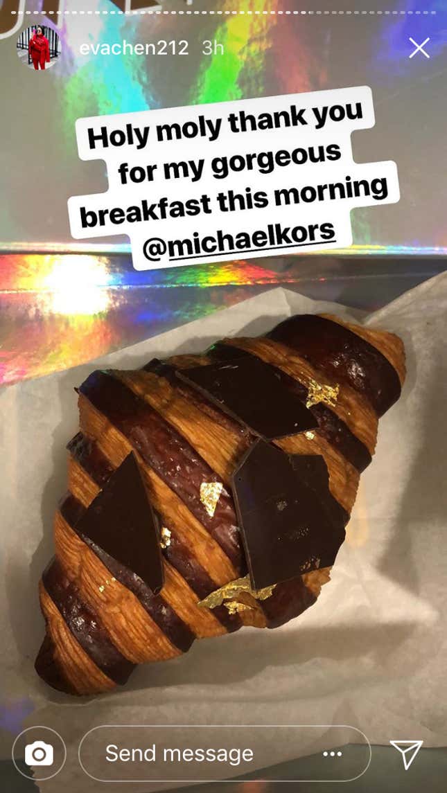 Instagram head of fashion partnerships Eva Chen documented food and fashion throughout Fall 2018 New York Fashion Week, including this croissant from Michael Kors.