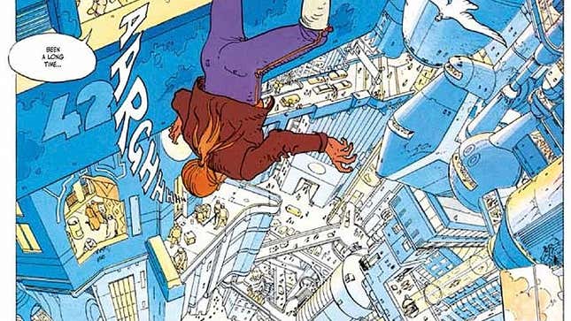 John Difool, the protagonist from comic book The Incal, plummets through a sci-fi cityscape while screaming "Aarghh.".