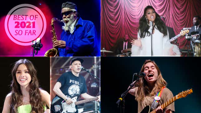 Clockwise from top left: Pharoah Sanders (Photo: Dimitri Hakke), Jazmine Sullivan (Photo: Getty Images), Julien Baker (Photo: Getty Images), Mogwai (Photo: Getty Images), Olivia Rodrigo (Getty Images)